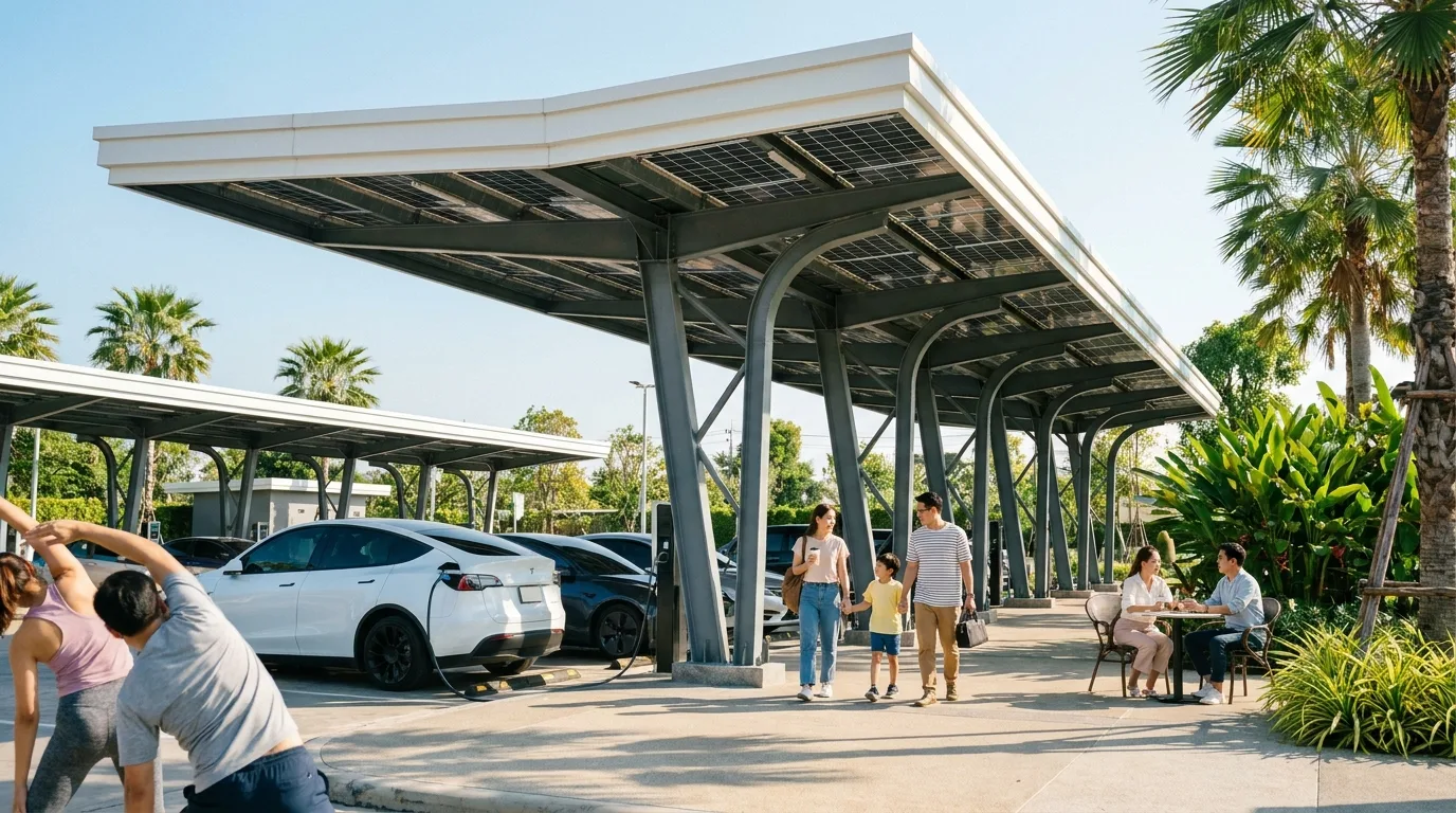 จุดพักรถยุคใหม่ที่มีหลังคาโซลาร์และสถานีชาร์จ EV รองรับผู้เดินทาง