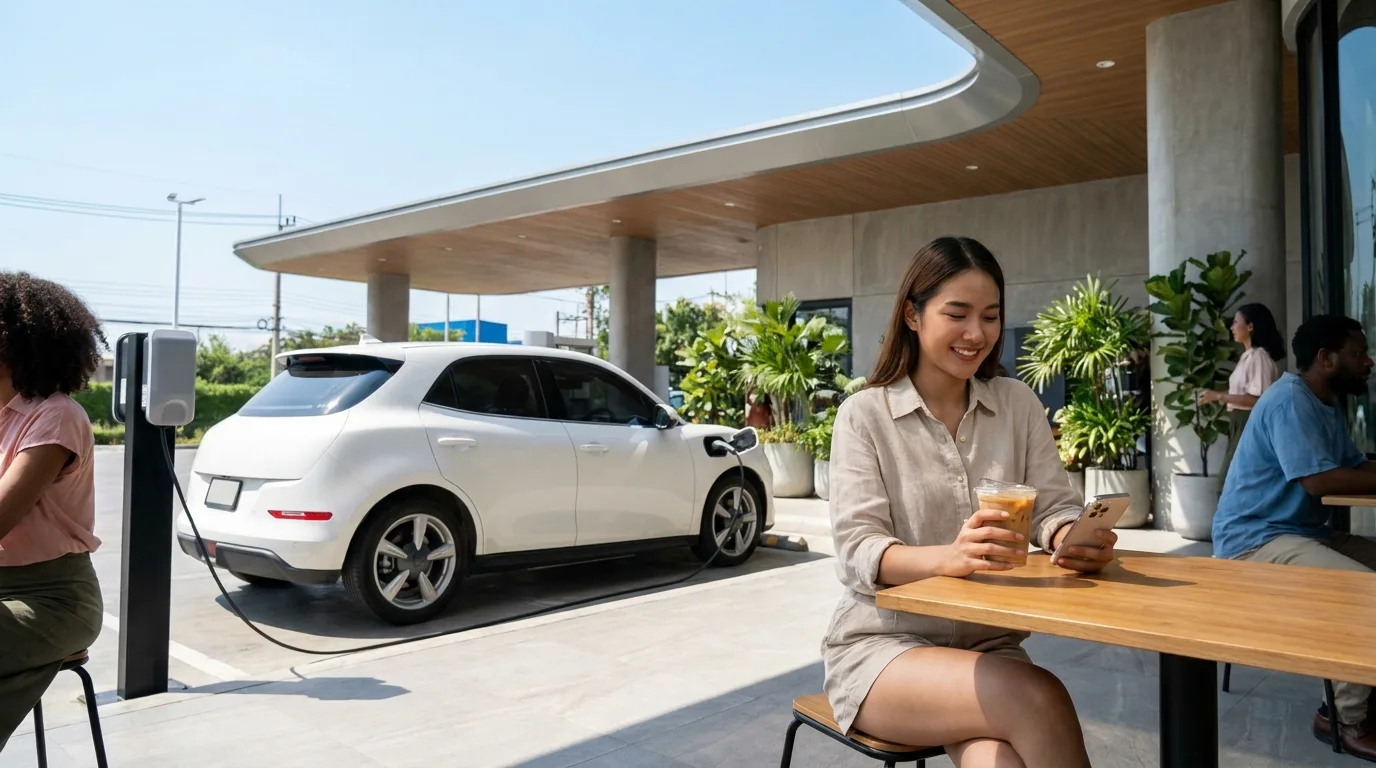 ผู้บริโภคนั่งพักจิบกาแฟระหว่างรอรถ EV ชาร์จ — โอกาสสร้างรายได้ในร้าน